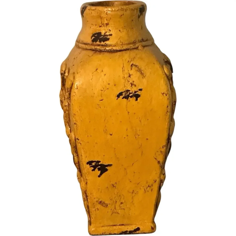Mid Century Italian Yellow-Gold Distressed Ceramic Pottery 14” Tall Vase Rustic